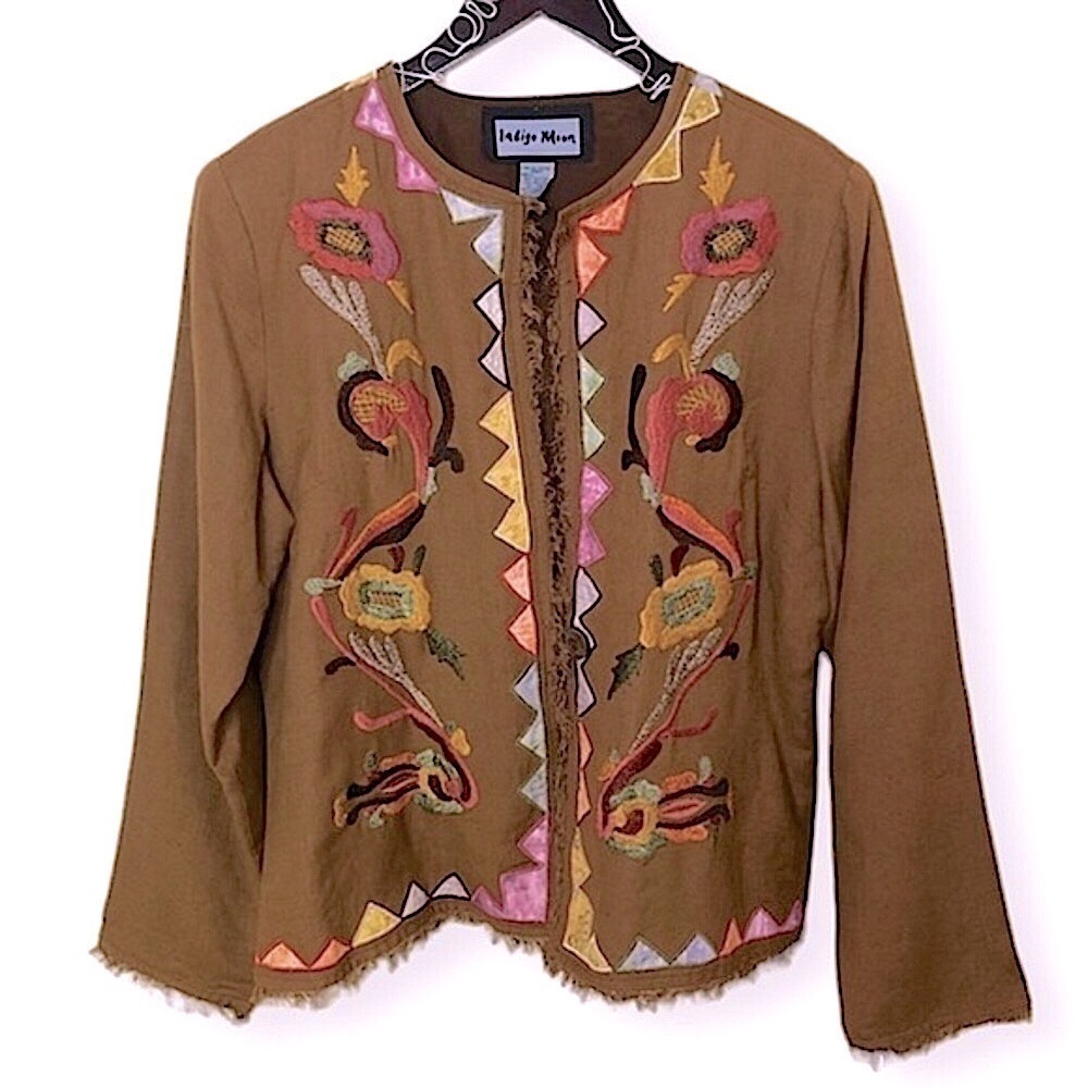 Vintage Indigo Moon Embroidered Frayed Edge Boho Button Front Brown Cardigan